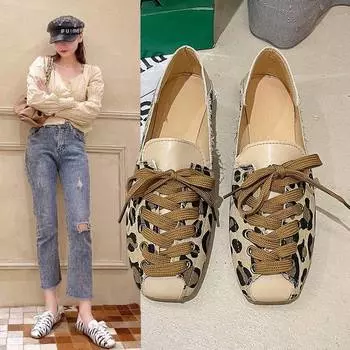 Лоферы на плоской подошве женские осенние новые повседневные туфли с леопардовым принтом на плоской подошве с квадратным носком на шнуровке туфли на плоской подошве 35