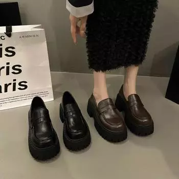 Лоферы на толстом высоком каблуке женские туфли из искусственной кожи на платформе в британском стиле женские туфли-лодочки с эффектом увеличения высоты коричневые черные туфли-лодочки женские 35 чёрный