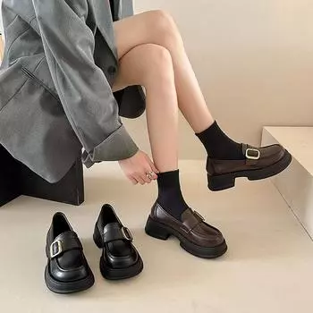 Лоферы в британском стиле на толстой подошве, женские весенние и летние туфли из кожи, однобортные туфли 40 чёрный