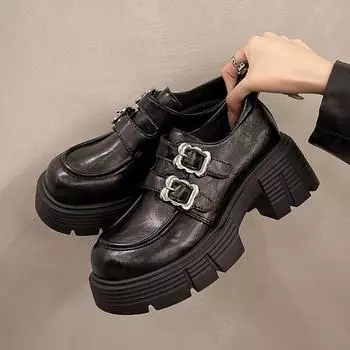 Лоферы Женская обувь Женская мода Туфли Мэри Джейн с круглым носком Кожаные оксфорды Ретро Толстый каблук Металлическая пряжка Дизайнерская одинарная обувь 35 чёрный