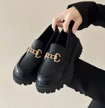 Лоферы Женская обувь Женская мода Туфли Мэри Джейн с круглым носком на плоской подошве Лоферы Оксфорды Платформа Повседневная металлическая цепочка пряжка Женские каблуки 35