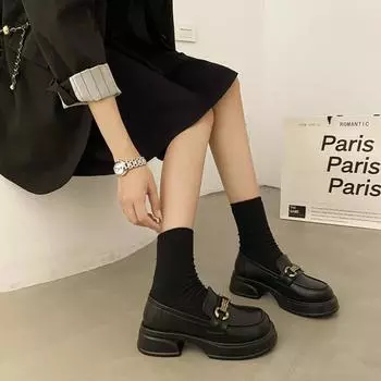 Лоферы женские 2024 года, новые феи с юбкой, однопедальные туфли, толстый каблук, толстая подошва, темперамент, маленькие кожаные туфли 35 бежевый