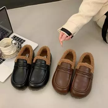 Лоферы женские 2024 осень-зима бархат толстый каблук толстая подошва нескользящая мода британский стиль черные маленькие кожаные туфли одинарные туфли 35 коричневый