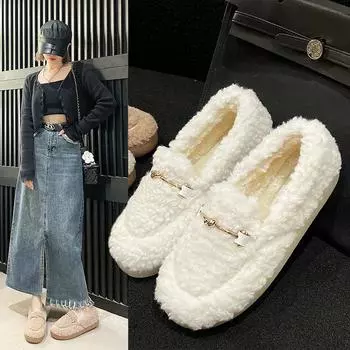 Лоферы женские из овечьей шерсти женские зимние туфли без застежек меховые балетки хлопковые шерстяные мокасины женские босоножки 35 бежевый