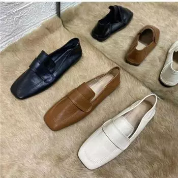 Лоферы женские квадратные на мягкой подошве в британском стиле маленькие кожаные туфли универсальный комплект на две ноги плоские одинарные туфли 35