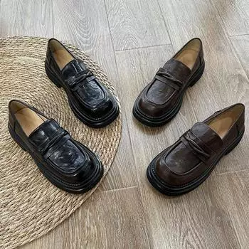 Лоферы женские модные одинарные туфли женские британский стиль ретро маленькие кожаные туфли женская обувь для поездок на работу 35 чёрный