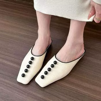 Лоферы женские Мюли Туфли Мягкие кожаные модные тапочки Элегантные туфли с квадратным носком и жемчужными бусинами Тонкие туфли Женские туфли на плоской подошве Повседневная обувь 35 бежевый