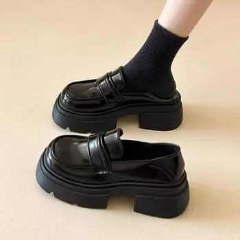 Лоферы женские на толстой подошве весна и осень новые черные, скрытый лифтинг маленькие кожаные туфли британский стиль туфли-лодочки на толстом каблуке 35