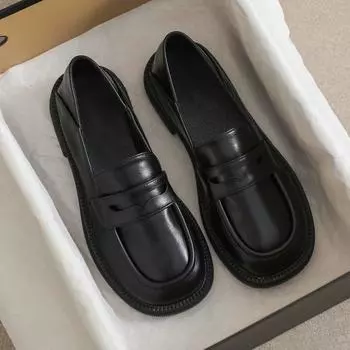 Лоферы женские однопедальные туфли универсальные британские туфли с круглым носком японские маленькие кожаные туфли 35 чёрный