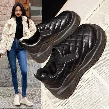 Лоферы женские осенне-зимние новые теплые бархатные мягкие туфли с пушистым узором хлопковые туфли ленивые хлебные туфли 35