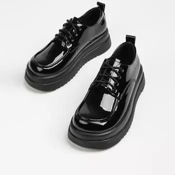 Лоферы женские осенние новые шнурованные британские ретро туфли на толстой подошве на платформе повседневные кожаные туфли одинарные черные 34