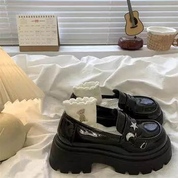 Лоферы женские Стразы Звезды Платформа Маленькие Кожаные Туфли Весна И Лето Юбка Носки Одежда Мэри Джейн Одиночные Туфли 35 матовый черный