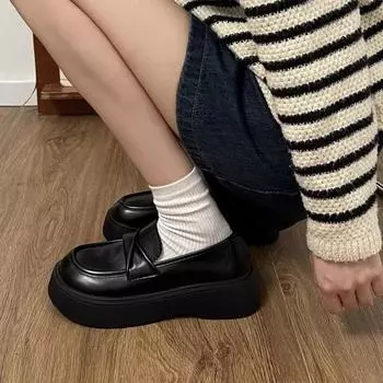 Лоферы Женские туфли на платформе Ретро-туфли с одной педалью Черные британские маленькие кожаные туфли 35 коричневый