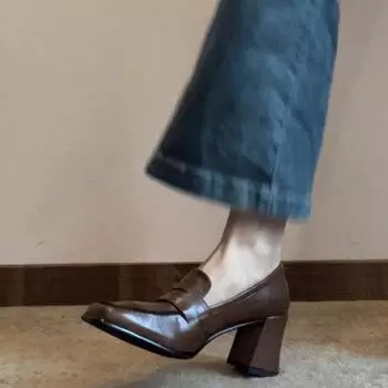 Лоферы женские юбка толстый каблук высокие каблуки британский стиль маленькие кожаные туфли удобные темперамент квадратный нос новые черные одинарные туфли 35 коричневый