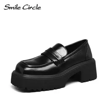 Лоферы, женские весенние кожаные туфли на высоком каблуке 5 см с квадратным носком, модные черные женские туфли на толстой подошве 35 чёрный