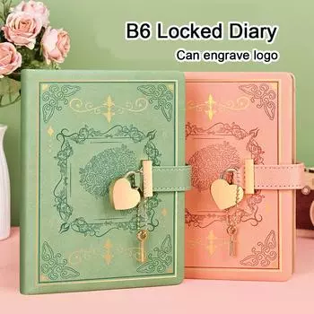 (Logo engraving possible) B6 student leather notebook with lock, work notebook, business meeting record book, diary, travel log b6