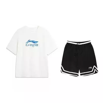 Логотип Li Ning Буквенный Круглый вырез Свободный Короткий рукав Средняя посадка Шорты с завязками Повседневный спортивный костюм Унисекс костюм AHSVD57-2+YAPV001-1 L