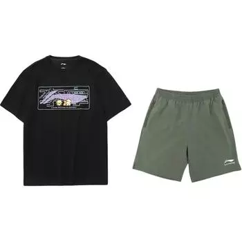 Логотип Li Ning Мультяшный принт Модная Удобная Футболка с круглым вырезом и короткими рукавами Повседневный Спортивный костюм Унисекс Топы AHSUA23-2+YKSV147-1 S