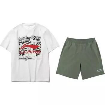 Логотип Li Ning Мультяшный принт Модный Удобный Универсальный Пуловер с круглым вырезом Футболка с коротким рукавом Повседневный Спортивный комплект Унисекс Топы AHSUA21-1+YKSV147-1 XL