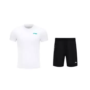 Логотип Li Ning Однотонная футболка с круглым вырезом, удобная, модная, с коротким рукавом, повседневные шорты прямого кроя, комплект, унисекс AHST347-3+AAPU133-1 S