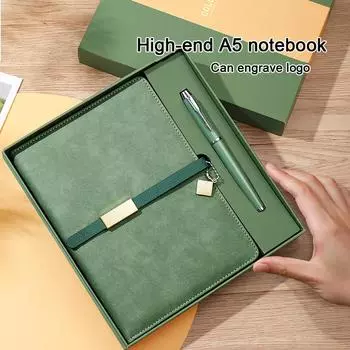 (Логотип можно выгравировать) Деловой блокнот А5 с пряжкой, студенческий блокнот, блокнот для записей встреч с подарочной коробкой, ежедневник, предметный блокнот A5 зелёный