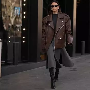 Локомотив молнии кожаные куртки женские лацканы длинный рукав карманы пуговицы куртка осень новый женский High Street верхняя одежда S чёрный