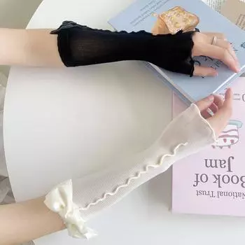 Lolita Bow Hand Sleeve Japan fashion New Arrival Wooden Ear Personality Girl Thin Concealer Sunscreen Arm Gloves Black All yards