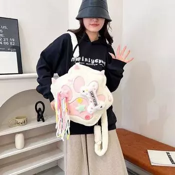 Lolita Cat Paw Plush Backpack Cartoon Cat Student Schoolbag Cat Paw Bones Plush Knapsack Gift розовый