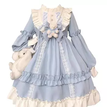 Лолита цельное платье с длинным рукавом косплей костюм Harajuku Yume милый ленточный оборчатый косплей костюм повседневная одежда Хэллоуин Рождество школьный фестиваль синий