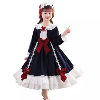 Лолита цельный горничная одежда Лолита готическая Лолита цельный лондонский стиль длина до колена Мори девушка с длинным рукавом украшение для волос косплей костюм дети