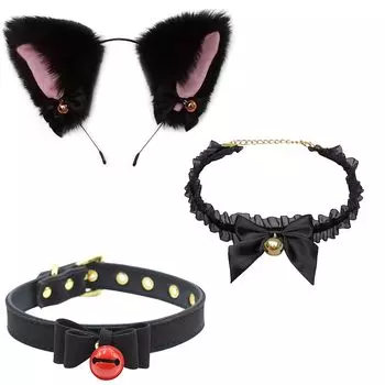 Лолита Черный Лолита Чокер Ожерелье Лолита Бантик Ошейник Кошачьи Ушки Бархатная Повязка На Голову Повязка На Голову Hello Kitty Сексуальный Костюм Кошки Косплей [LaVenty]