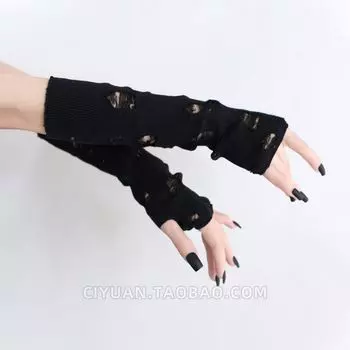 Lolita Cyberpunk Waste Soil Style White Bandage Ripped Gloves Knitted Oversleeve Gyaru Sun Protection Wristband Cos Black
