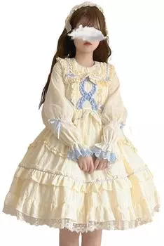 Лолита Длинный рукав Цельное платье Country Cosplay Длина до колена Кремово-желтый [Lady Lazy] (Голубой, М) светло-синий