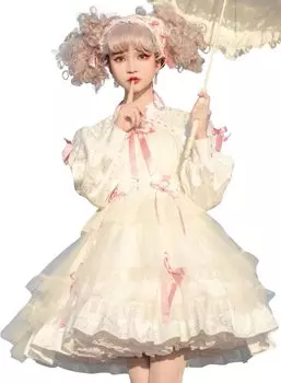 Лолита Длинный рукав Мини Платье Косплей Цельный Высокая Талия Белый Белый [Lady Lazy] (S)