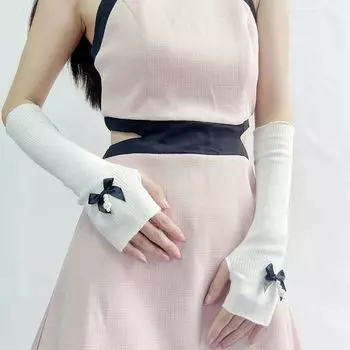 Lolita Hand Sleeve Japan fashion Sweet Bow Oversleeve Cute Girl Arm Sleeve Open Finger Subculture Sun Protection Gloves White (black Bows beads) All yards
