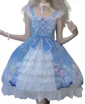 Лолита JSK цельный купальник длиной до колена с градиентным узором кролика [Lady Lazy] (синий) синий