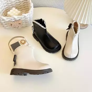 Lolita Kids Shoes Boots for Girl New Lace Ruffled Edge Children Cotton Boots Fashion Causal Versatile Princess Beige Ankle Boots 26 чёрный