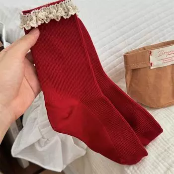 Лолита кружевные носки с оборками женские Harajuku винтажные трикотажные хлопковые эластичные длинные носки JK Sweer для девочек ретро красные средние носки-трубы Sox EUR 35-39