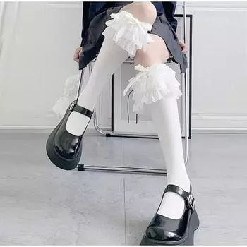 Лолита кружевные женские чулки сладкие до колена высокие эластичные длинные чулки чёрный