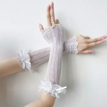 Lolita Lace Hand Sleeve Sweet Love Gloves Summer Sun Protection Women Pure Desire All-Match Leakage Finger Bow Arm Sleeve White Heart hand sleeve All yards