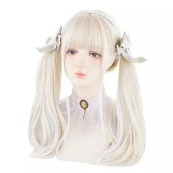 Лолита Леди Кудрявые Длинные Волосы Белый Парик Рисово-Белый Платиново-Белый Окрашенный Тамаго Фея Два Хвоста Милый Косплей С Сеткой Аксессуар Товары Термостойкие