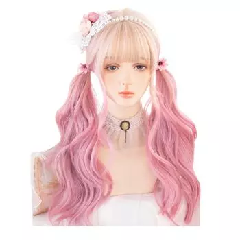 Лолита леди кудрявый длинный розовый парик градиент розовая клубника девушка два хвоста милый косплей с сеткой аксессуары товары термостойкий парик для