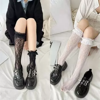 Лолита Лотос Листья кружева бант носки для теленка черно-белые ажурные сетчатые носки средней длины с ремешком Jk женские носки One Size