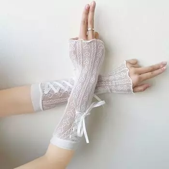 Lolita Love Bow Hand Sleeve Sweet Gloves Wooden Ear Mesh Thin Drawstring Ribbon Sun Protection Oversleeve Arm Sleeve White Heart Ribbon One size