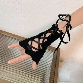 Lolita Millennium Wooden Ear Female Gloves Strap Black sleeve + black webbing All yards