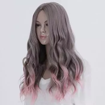Лолита Микс Серый Розовый Центр Пробор Косплей Длинные Вьющиеся Волнистые Волосы Полные Парики
