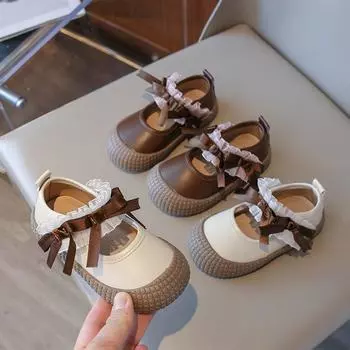 Лолита мода универсальные кружевные банты с круглым носком простые нескользящие детские повседневные туфли элегантные принцесса Мэри Джейн детские балетки для девочек 22 коричневый