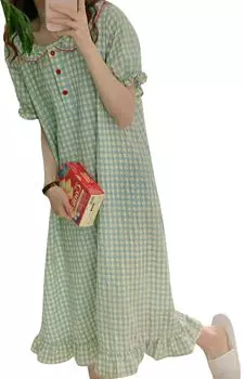 Лолита Пижама с коротким рукавом Ночная рубашка Ночная одежда Платье Косплей Большой размер Длинный зеленый узор в клетку [Lady Lazy] (XXL)