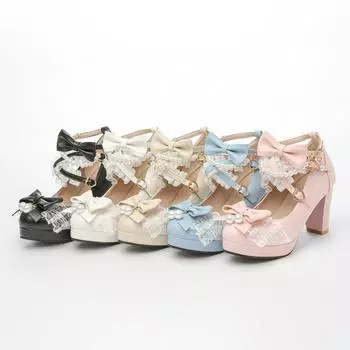 Лолита, японский жемчуг, бант, JK, милые милые туфли на очень высоком каблуке с круглым носком, студенческие туфли Kawaii для девочек, чаепитие, Лоли, винтажные 35 бежевый