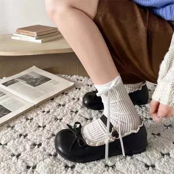 Lolita round head lace Mary Jane shoes new one-word buckle bow single shoes student uniform leather shoes 35